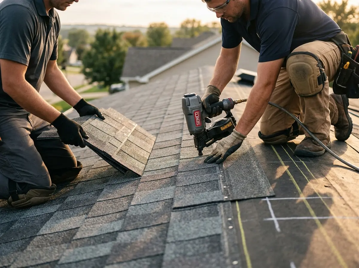 Professional roofer working on a residential roof in North Fond du Lac